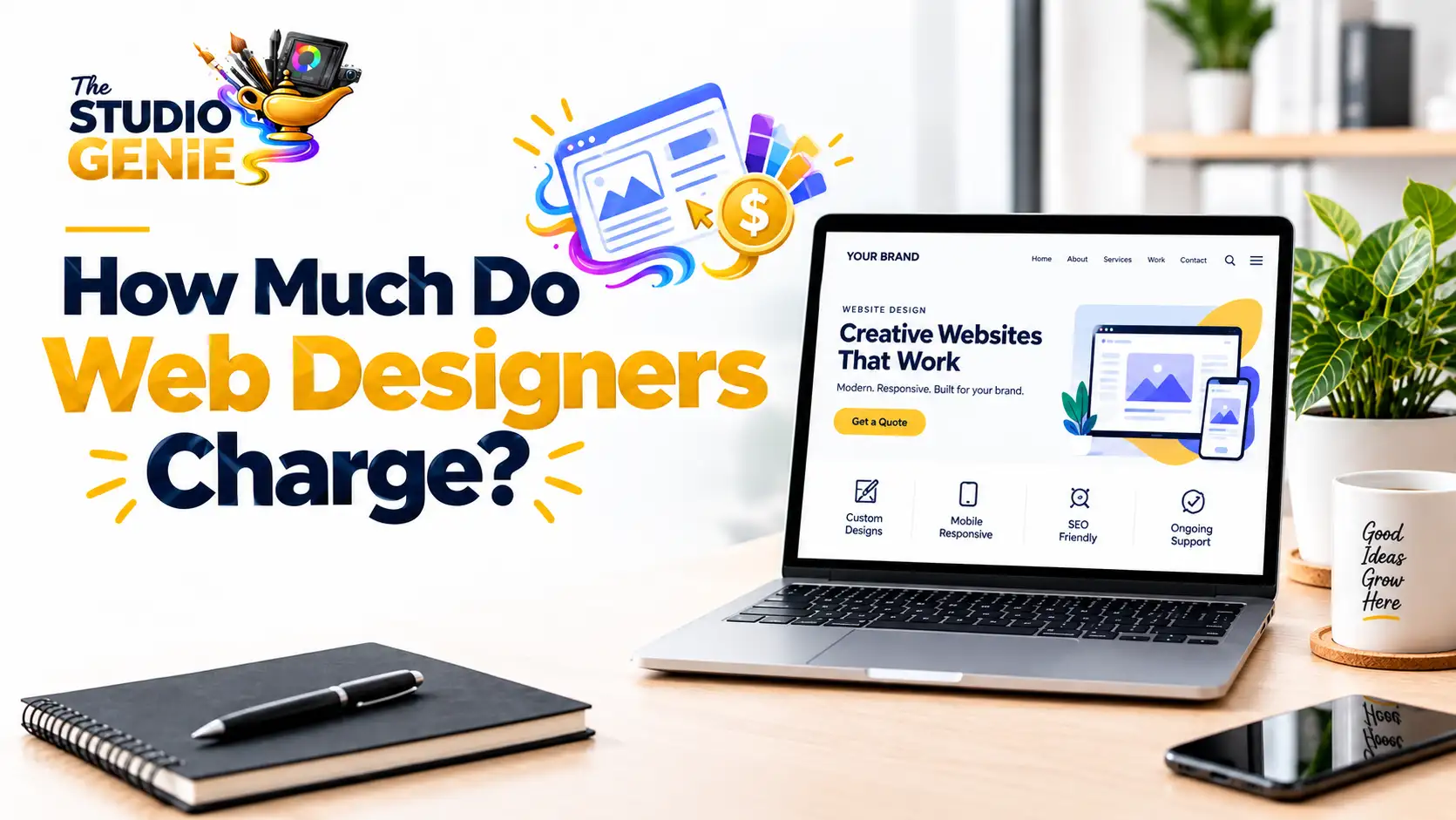 Web designer pricing guide with laptop and studio branding