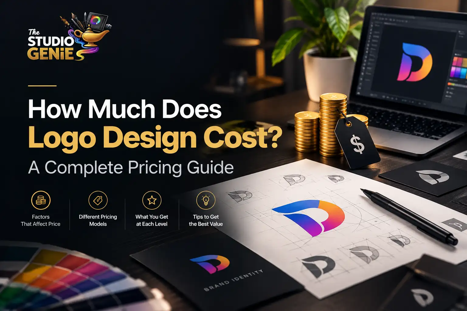 Logo design pricing guide with creative branding sketches and gold coins