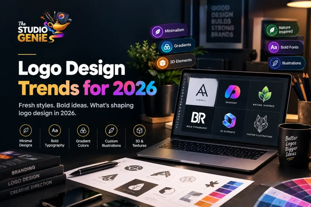 Laptop displaying 2026 logo design trends on a desk