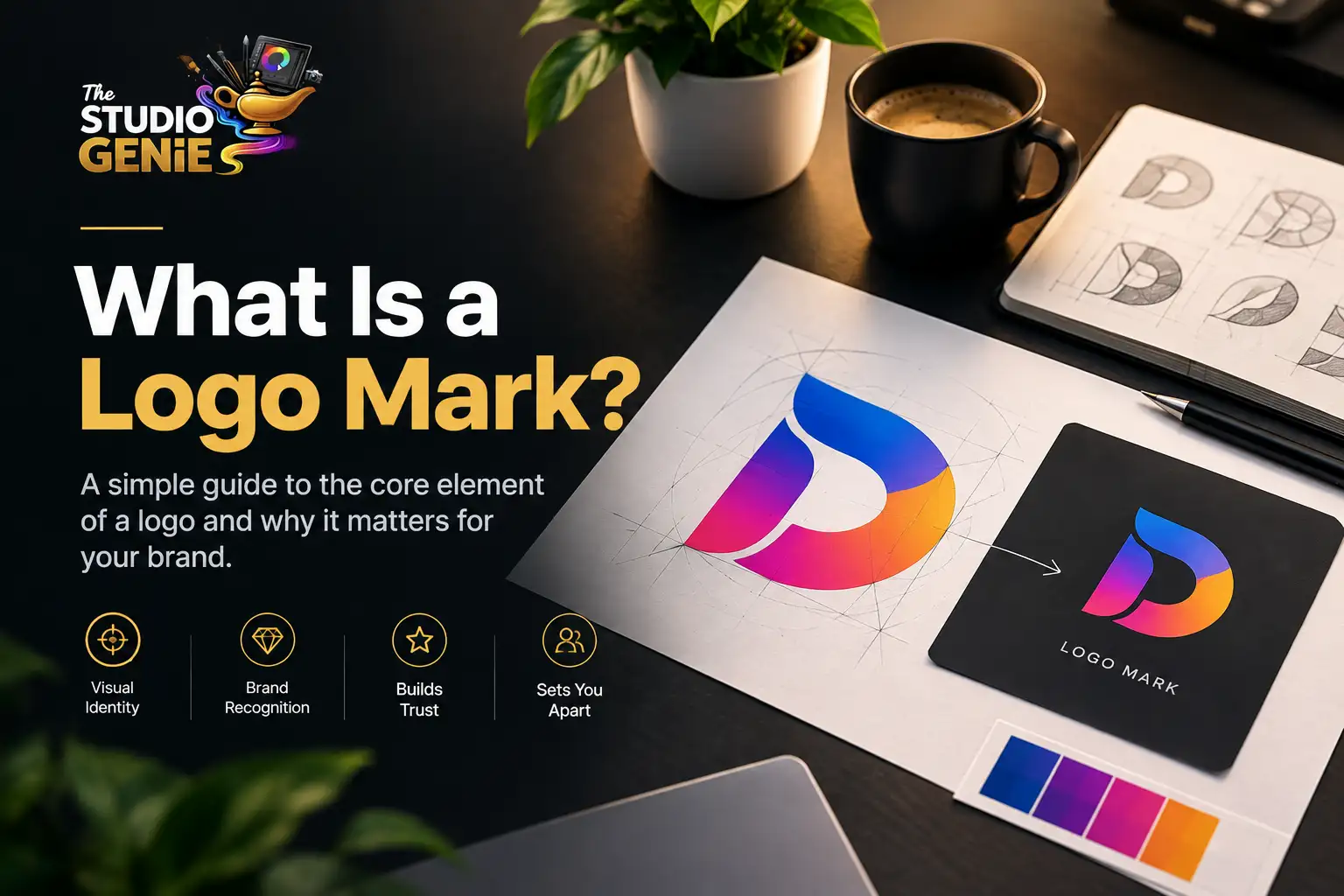 Logo mark design guide with branding sketches and creative workspace.