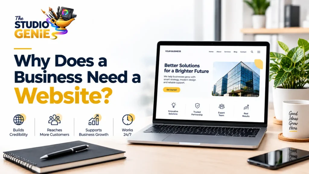 Laptop showing business web design mockup alongside key benefits