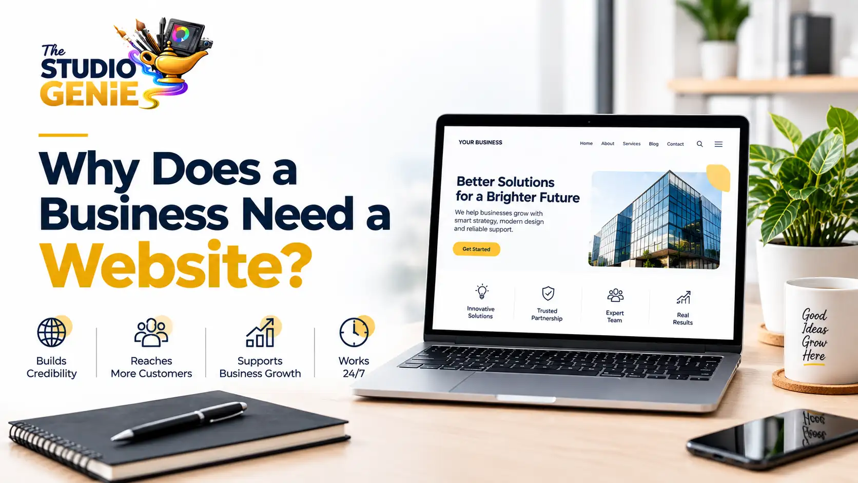 Laptop showing business web design mockup alongside key benefits